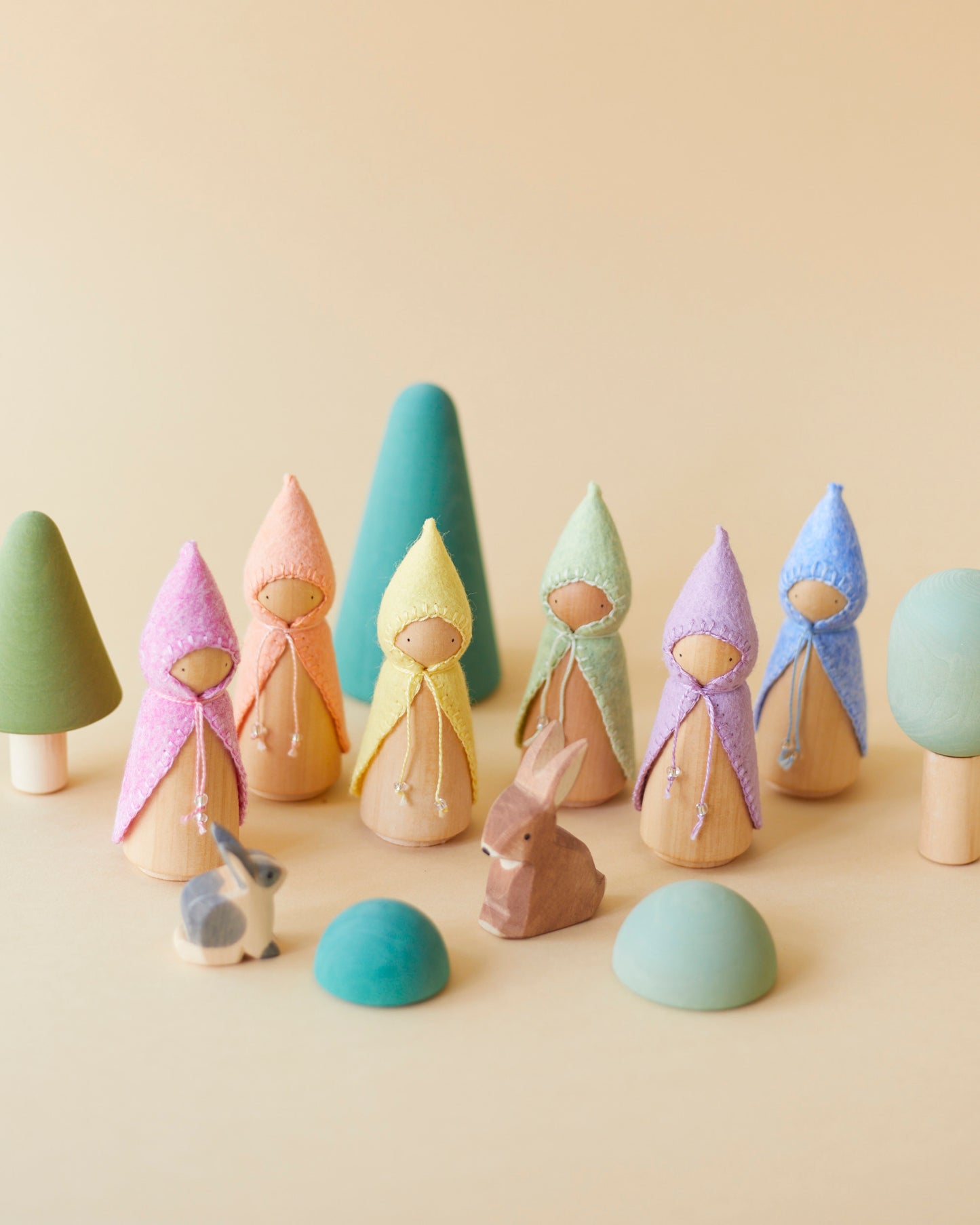 Pastel Rainbow Wooden Gnome Set
