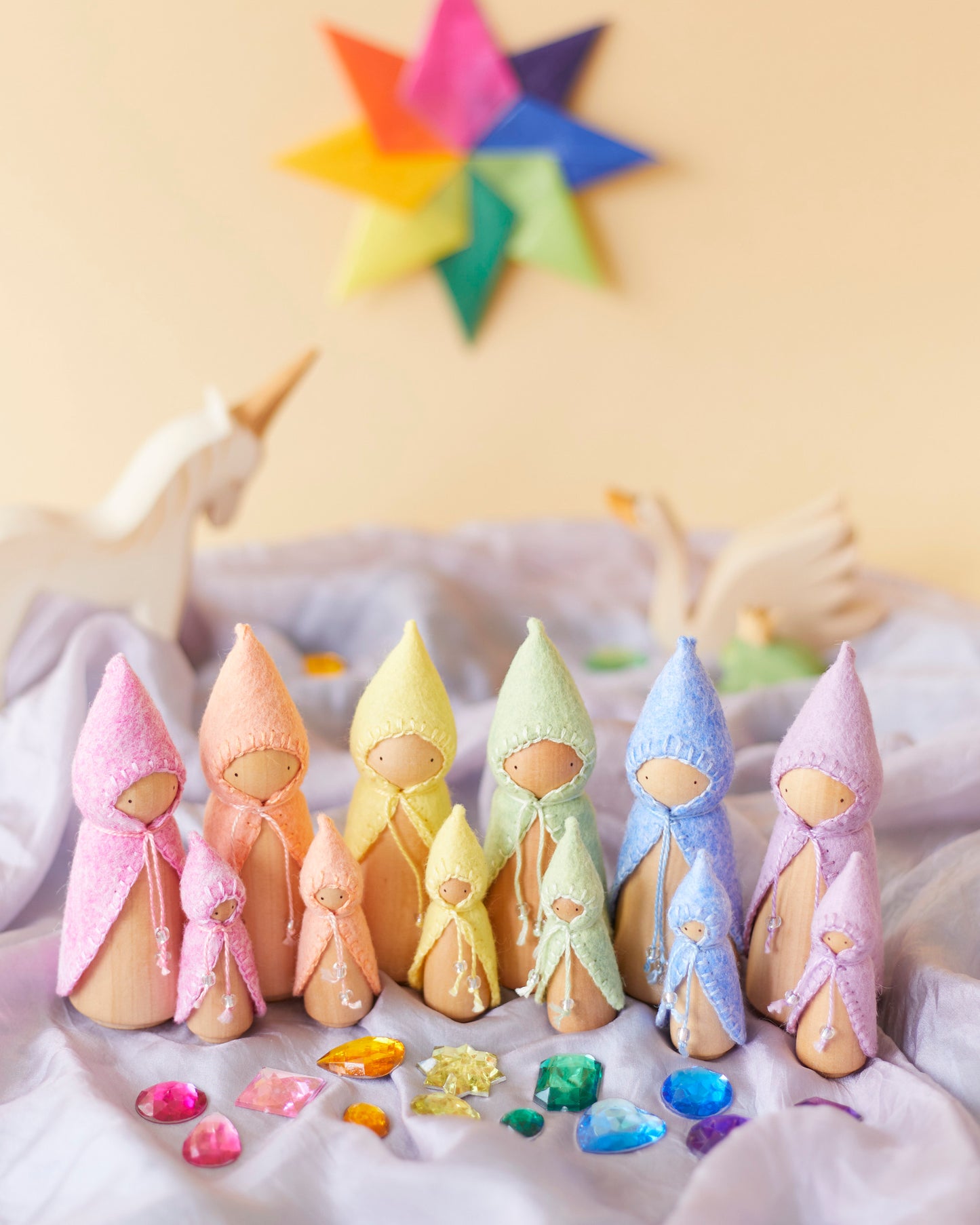 Pastel Rainbow Wooden Gnome Set