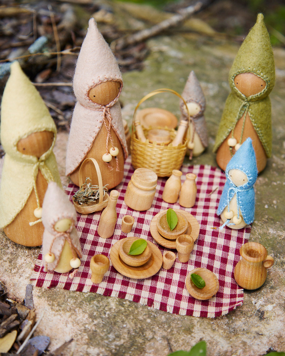 Pink Mama & Baby Wooden Gnome Set
